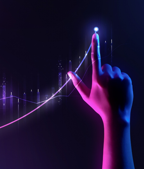hand pointing at pink data graph